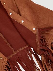 SHEIN MOD Plus Size Women's Solid Color Sleeveless Faux Suede Fringe Hem Casual Jacket, Resort Wear,Fall,Rave Festival,Concert,70S, Vintage,Fall,Going Out Winter Autumn - Brown - View 5