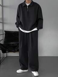 DAZY Men's Solid Color Zip-Up Casual Pullover And Sweatpants Set, Loose Fit, Autumn,Back To School Clothes, Cozy Outfits Quarter Zip Men