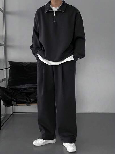 DAZY Men's Solid Color Zip-Up Casual Pullover And Sweatpants Set, Loose Fit, Autumn,Back To School Clothes, Cozy Outfits Quarter Zip Men