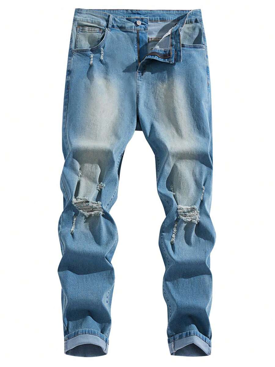 Chillumni Plus Size Men's Light Blue Distressed Ripped Street Wear Skinny Jeans - Light Wash - View 1