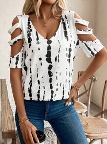 SHEIN LUNE Summer Casual Tie Dyeing Print Hollow Out V-Neck T-Shirt - White - View 5