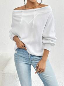 SHEIN Privé Off Shoulder Batwing Sleeve Drawstring Sweatshirt,Casual,White - White - View 7