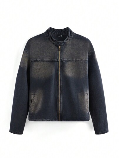 Chillumni Plus Size Men's Distressed Wash Black Denim Loose Fit Motorcycle Jacket