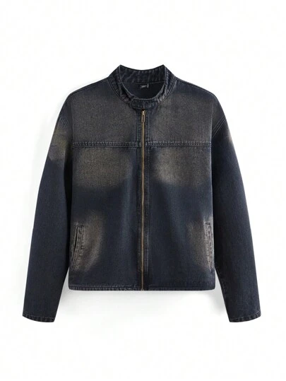 Chillumni Plus Size Men's Distressed Wash Black Denim Loose Fit Motorcycle Jacket