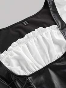 SHEIN MOD Blusa de manga farol con parches de PU en blanco y negro, ropa de bruja, ropa de Halloween, ropa de vampiro, atuendos de aeropuerto para mujeres, disfraz de Catwoman
