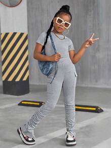 SHEIN Tween Girls' Fashion Streetwear Solid Color Fitted Crewneck Tee And Long Pants Set - Light Grey - View 7
