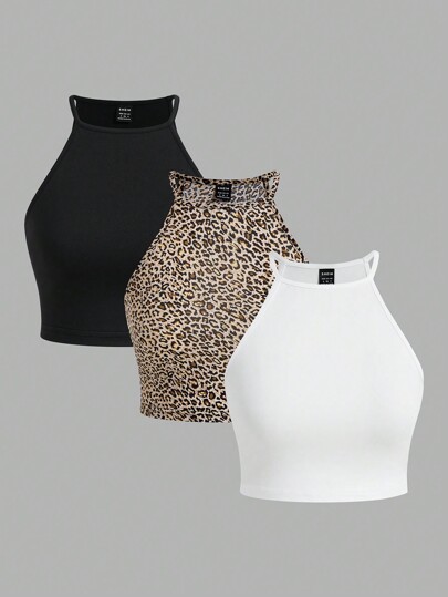 SHEIN EZwear 3 piezas Camisetas sin mangas casuales con estampado de leopardo para mujeres, verano