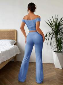 SHEIN EZwear 2 件套女士露肩纯色上衣和裤子套装 - 藍色 - 查看 2