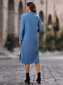 EMERY ROSE 女式纯色简约休闲长袖连衣裙 - 藍色 - 查看 6