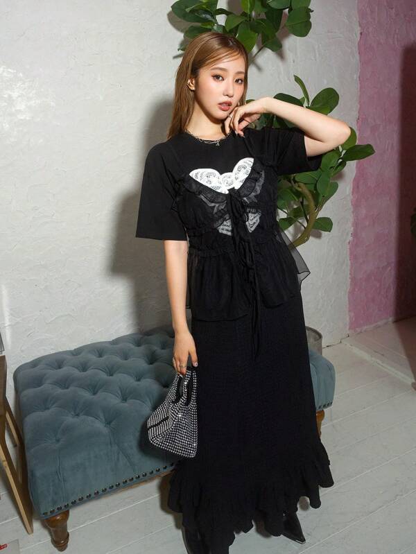 DAZY SHEIN X AYA NAKAMACHI Women's Summer Loose Fit Casual T-Shirt Top With Bowknot Print, Round Neckline And Dropped Shoulders