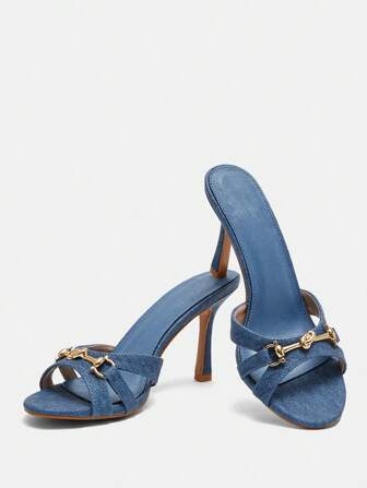 CUCCOO BIZCHIC Mode Blaue Mule Sandalen für Damen, Denim Stilettoabsatz Sandalen mit Metalldekoration für Sommer, Abschlussball, Abiball, Urlaub, Sommerschlussverkauf, elegante Basics, Business Lässig, Business Chic, Weihnachten, Herbst, Neujahr, Feiertage