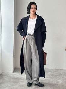 FRIFUL Women's Solid Color Double-Breasted Long Casual Jacket, Spring Autumn Women Coats - Navy Blue - View 3