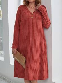 EMERY ROSE Plus Size Solid Color Ribbed Knit Casual Dress Spring & Fall - Red - View 4