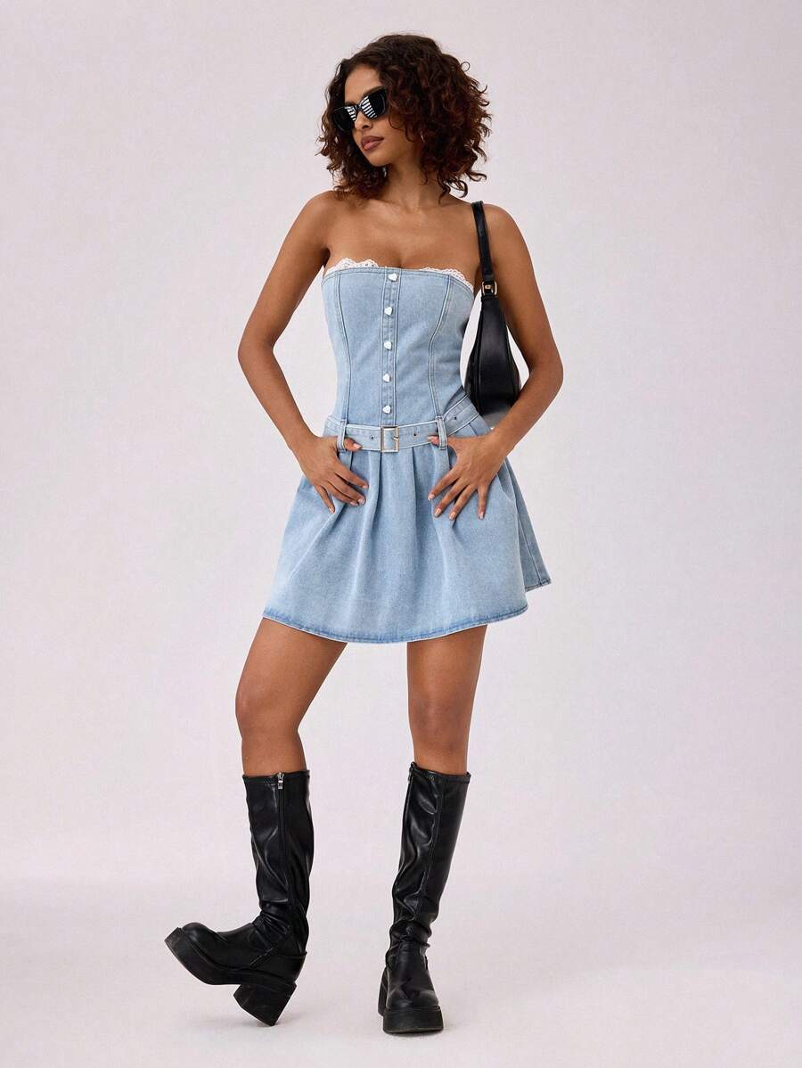 Forever 21 淺藍色洗水牛仔微迷你摺褶連鈕洞短裙 - 藍色 - 查看 1