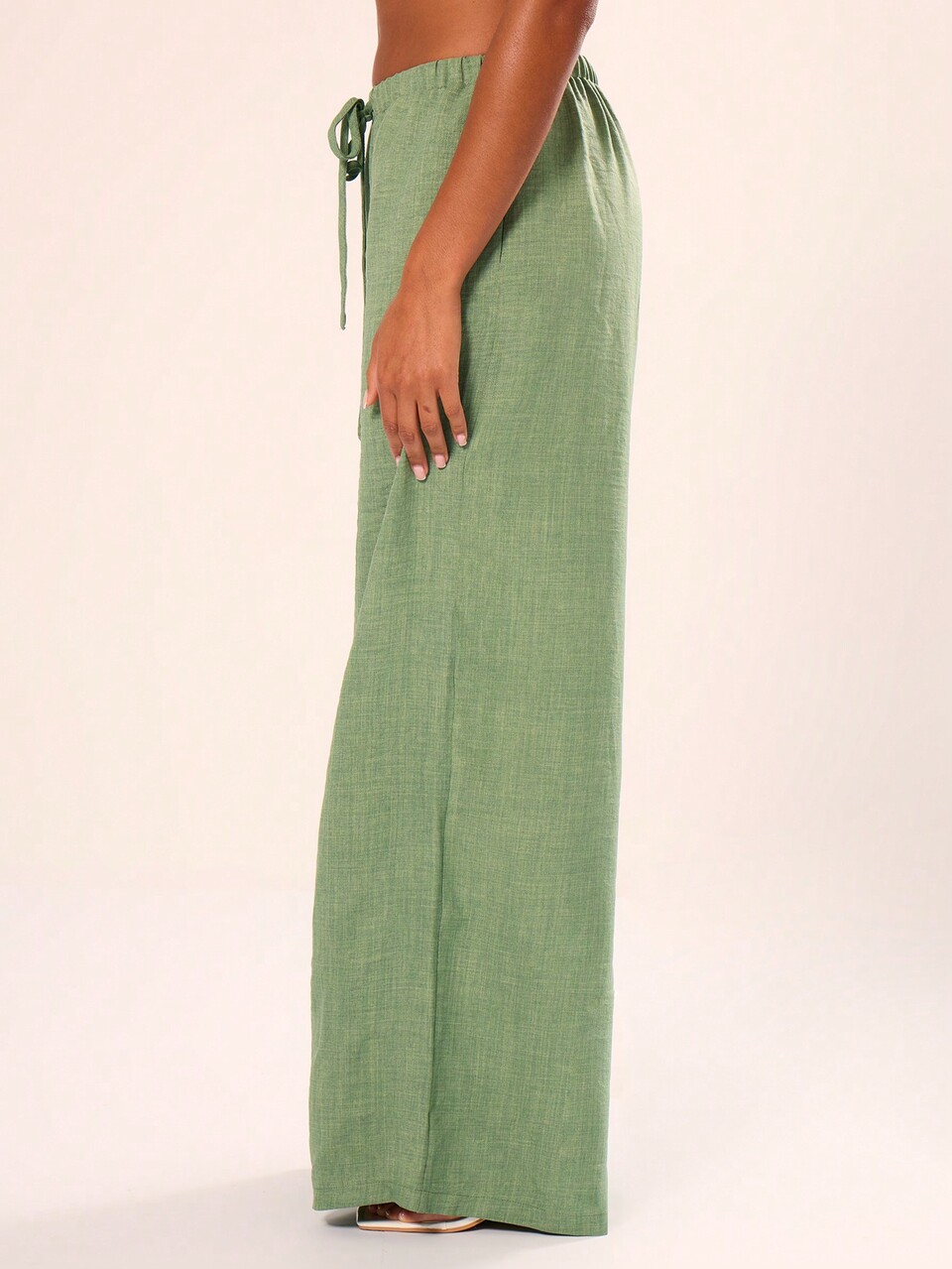 Green Linen Feel Textured Tie Waist Trousers