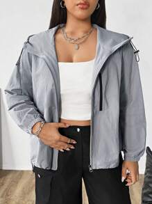 Flirla 大码连帽抽绳拉链休闲轻便夹克，简约时尚 - 灰色 - 查看 6