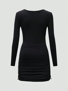 SHEIN Teen Girls' Casual Street Fashion Star Print Pleated Denim Effect Dress - Black - View 2