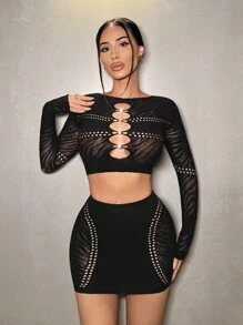 VaVaBold Conjunto de 2 piezas de top corto con recorte hueco + mini falda sexy de verano