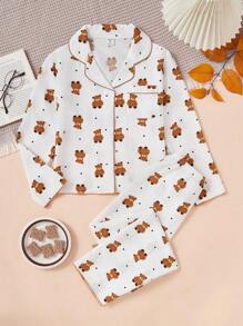2 件套少女校园风格熊印花睡衣套装，长袖上衣和长裤，家居服 - 白色 - 查看 4
