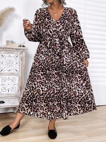 大码女式豹纹 V 领褶皱长裙，优雅连衣裙，适合工作和休闲装，秋冬 - 彩色 - 查看 7