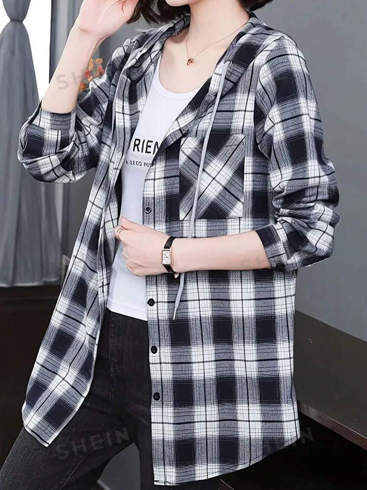 Womens checked shirt with hood sales