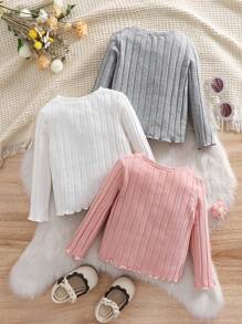 SHEIN 3pcs/Set Baby Girl Casual Cute Simple Knitted Elastic Solid Ruffled Long Sleeve Top Set - Multicolor - View 2