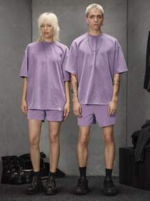 Manfinity UZERO 2pcs Men's Knitted Loose Casual Crew Neck Short Sleeve T-Shirt And Drawstring Waist Straight Shorts Set, Summer