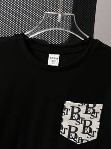 SHEIN 2 件装年轻男童休闲印花口袋圆领撞色边饰短袖 T 恤和印花短裤针织套装 - 黑色 - 查看 3