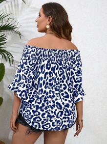 SHEIN Clasi Damen Bluse in Große Größen mit Leoparden Muster und Carmen-Ausschnitt - Blau - Übersicht 2