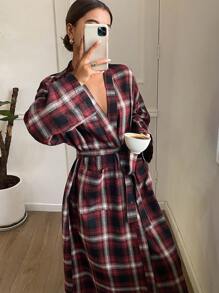 DAZY Plaid Casual Loose Fit Long Sleeve Bathrobe, Pajama, Cozy Outfit, Fall & Winter - Red - View 3
