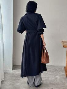 FRIFUL Women's Solid Color Double-Breasted Long Casual Jacket, Spring Autumn Women Coats - Navy Blue - View 5