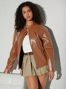 Hauture Zipper Detail PU Leather Zip Jacket
