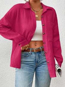 SHEIN VCAY Plus Size Áo sơ mi dài tay có nút phía trước trơn - Màu Hồng Tươi - Xem 4