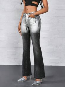 Jeanoix Silver Hot-Stamping Distressed Elastic Pocket Button Skinny Flare Jeans Grunge Skinny Bootcut Jeans