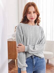 SHEIN Leap Crew Teen Girls' Grey Oversized Ribbed Pearl Embellished Drop Shoulder Sweatshirt,In Fall/Winter - Grey - View 3