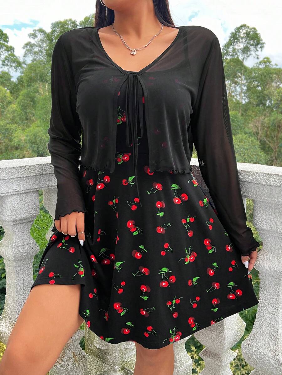 SHEIN EZwear 2pcs Plus Size Women's Mesh Cardigan And Cherry Print Slip Dress Set
