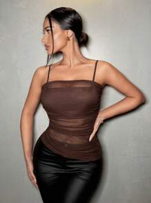 Zolique 女士褶皱透明吊带背心，夏季 - 咖啡棕 - 查看 5