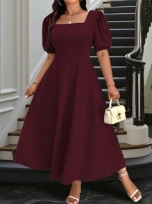 Celure Vestido casual de manga corta con cuello cuadrado liso para mujer de tallas grandes, conjunto de mujer color borgoña