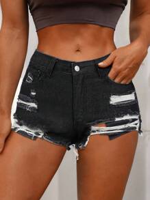 SHEIN PETITE Women's Button Pocket Ripped Design Casual Denim Shorts - Black - View 1