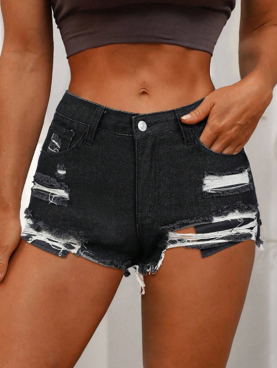 SHEIN PETITE Women's Button Pocket Ripped Design Casual Denim Shorts - Black - View 1