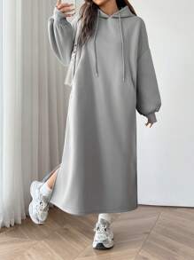 SHEIN EZwear Women's Solid Color Drop Shoulder Long Sleeve Drawstring Hoodie Dress, Winter/ Fall Clothes - Grey - View 4