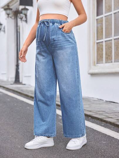 SHEIN Maternity Relaxed Wide-Leg Jeans, Blue, Summer Boho Wide-Leg Mom Jeans