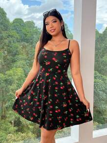 SHEIN EZwear 2pcs Plus Size Women's Mesh Cardigan And Cherry Print Slip Dress Set