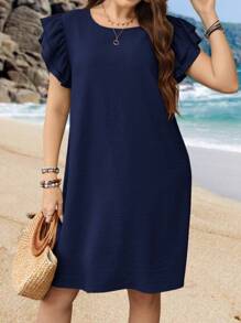 EMERY ROSE Plus Size Solid Color Round Neck Short Sleeve Dress, Summer - Navy Blue - View 4