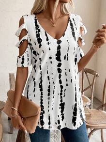 SHEIN LUNE Summer Casual Tie Dyeing Print Hollow Out V-Neck T-Shirt - White - View 6