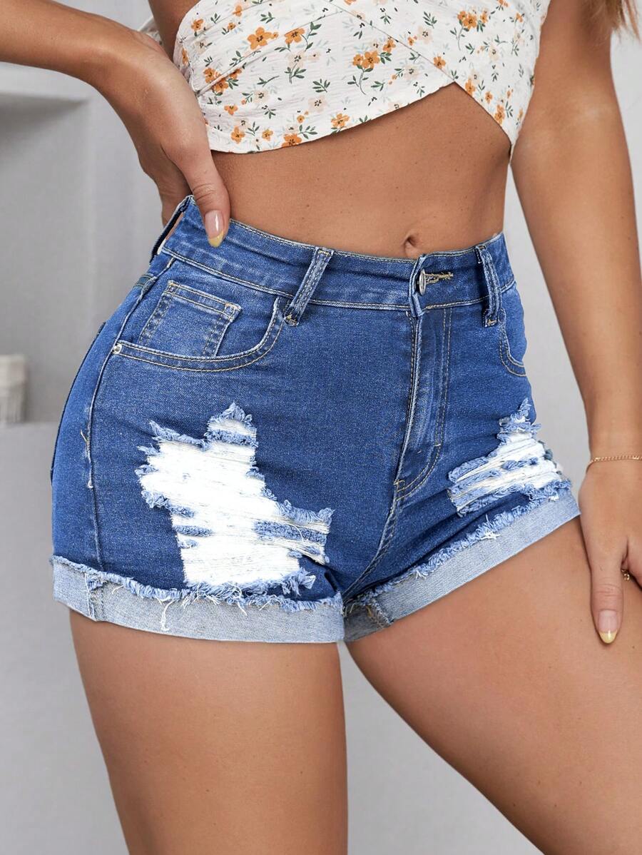 SHEIN Frenchy 女式破洞卷边休闲夏季牛仔短裤