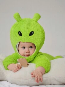 SHEIN 2 件装男婴可爱外星人服装带角，厚毛绒面料连体衣带帽子，适合秋冬季派对 - 綠色 - 查看 3