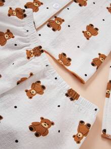 2 件套少女校园风格熊印花睡衣套装，长袖上衣和长裤，家居服 - 白色 - 查看 6