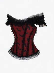 SHEIN Unity 蝙蝠印花撞色蕾丝边露肩上衣，适合万圣节哥特风 Y2K 风格 - 彩色 - 查看 3
