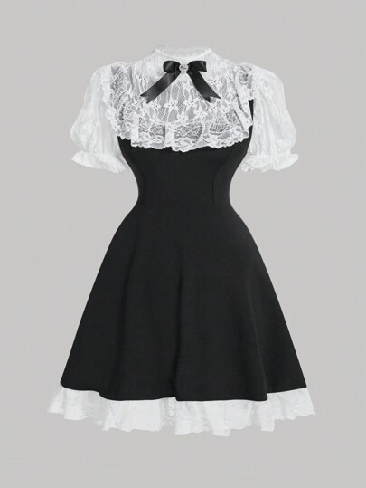 SHEIN MOD Contrast Lace Bow Front Puff Sleeve Dress